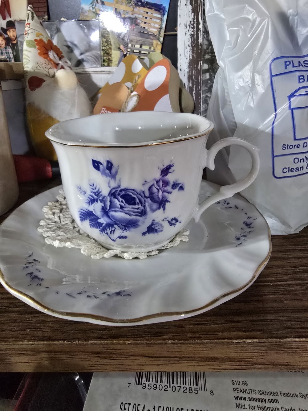 Classic Blue Floral Porcelain Teacup and Saucer with Gold Trim